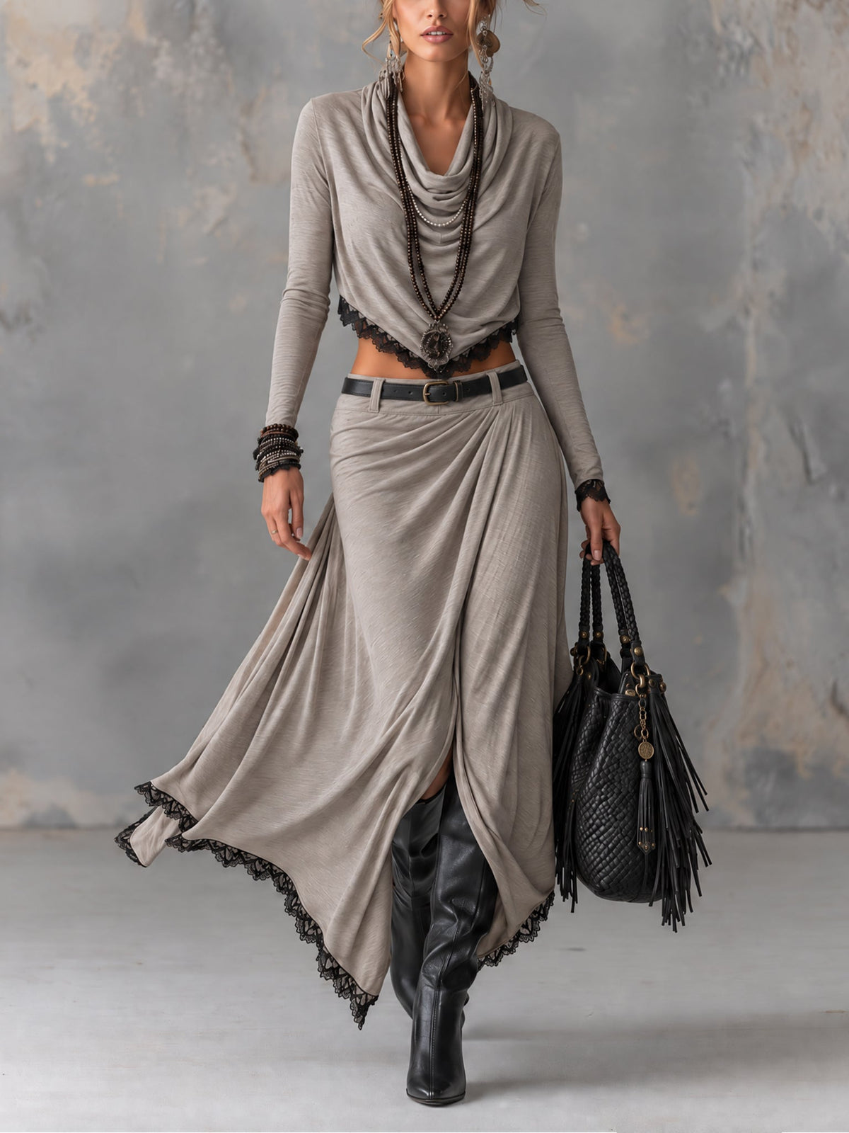 Michela | Completo di top corto elastico con collo drappeggiato grigio e gonna lunga con spacco (cintura inclusa)