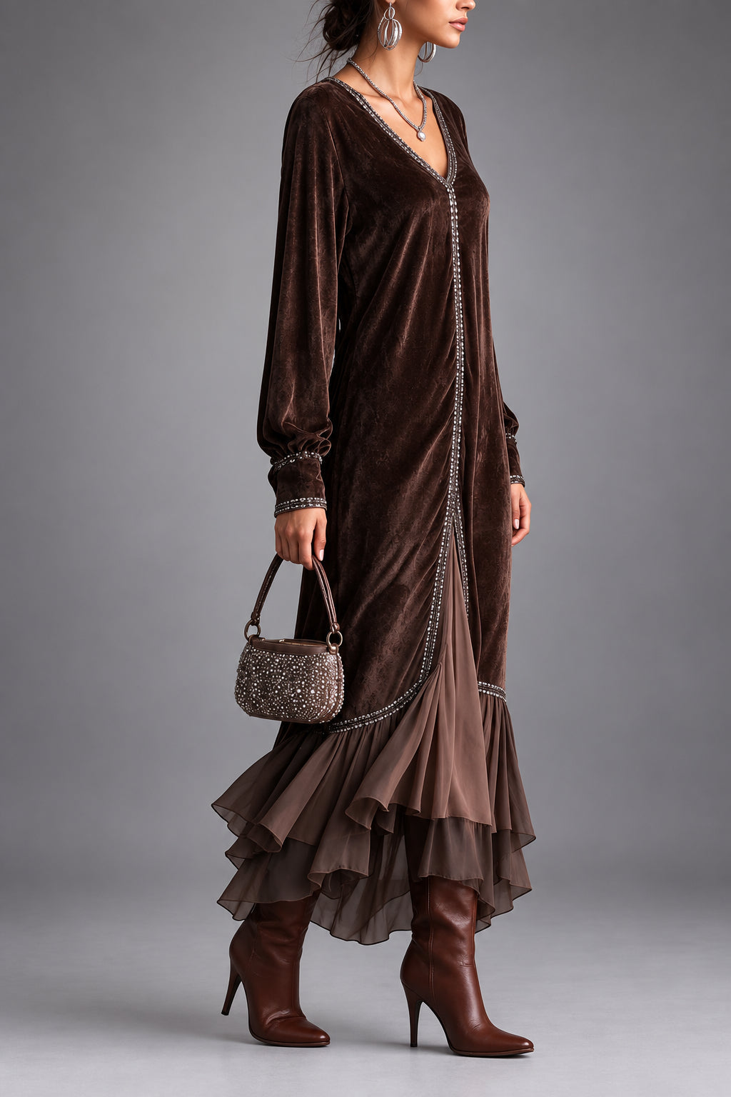 Annarita | Abito Midi in Scamosciato con Scollatura a V e Bordo