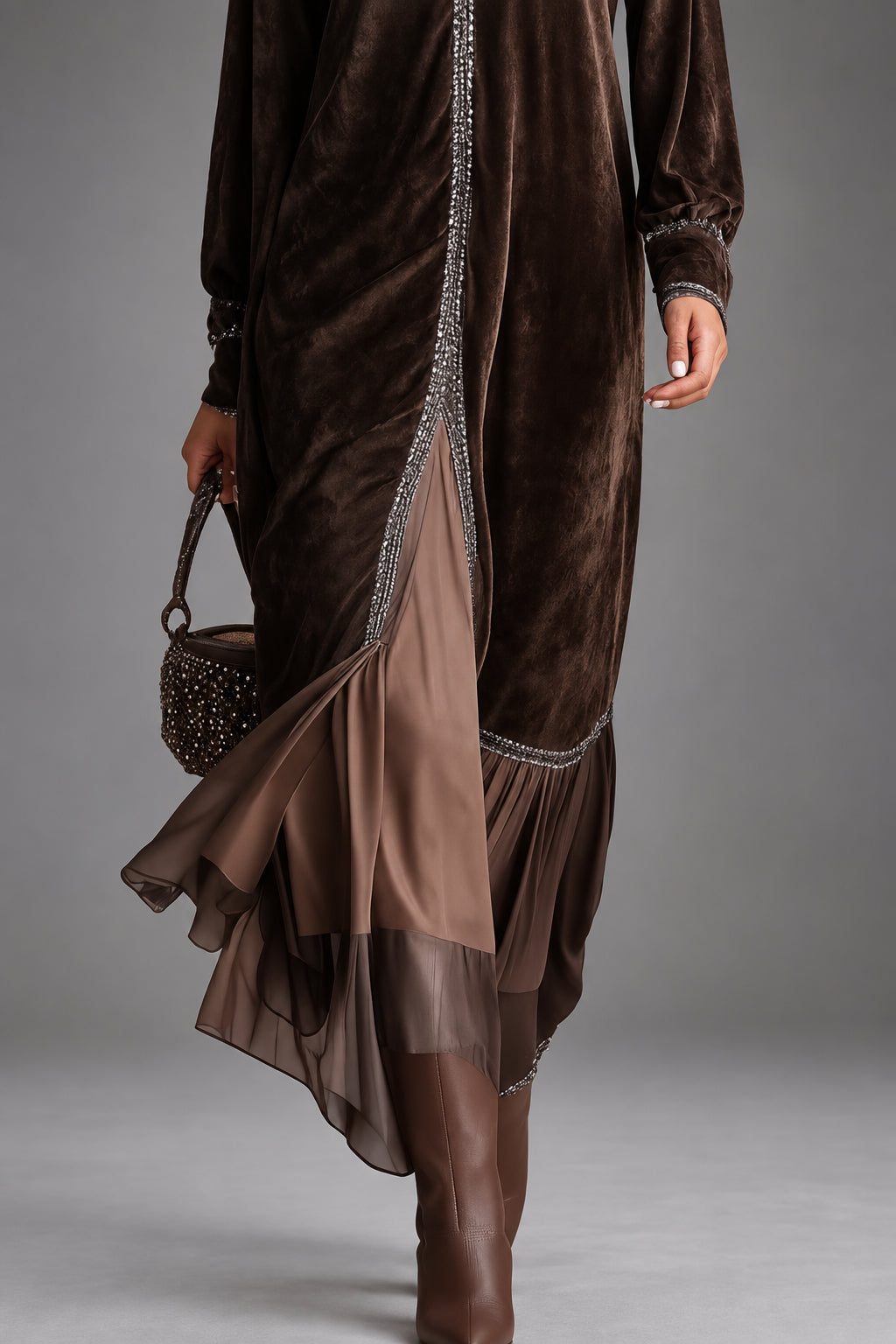Annarita | Abito Midi in Scamosciato con Scollatura a V e Bordo