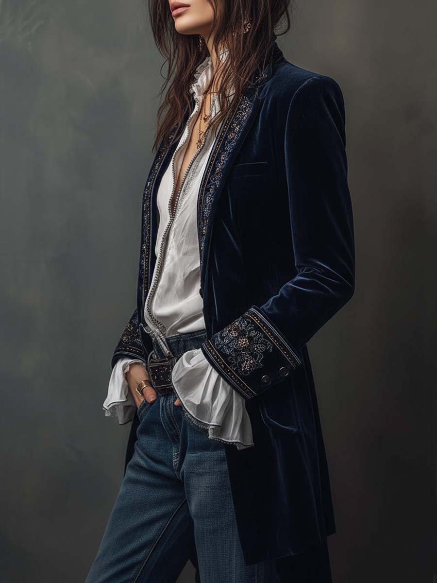 Athénaïs | Giacca Lunga Ricamata Vintage Blu Navy