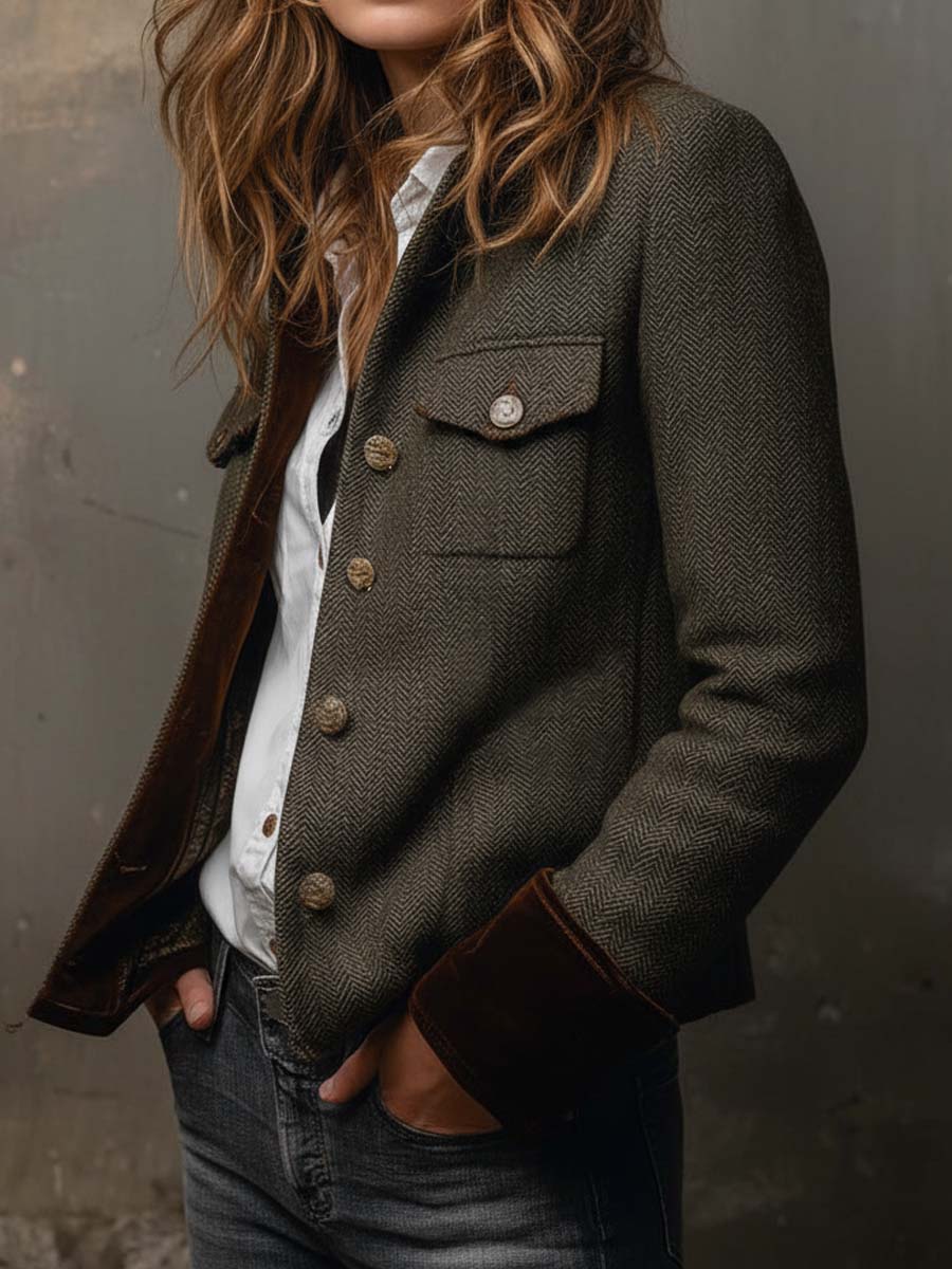 Honorine | Blazer Vintage a Chevron con Bordi a Contrasto