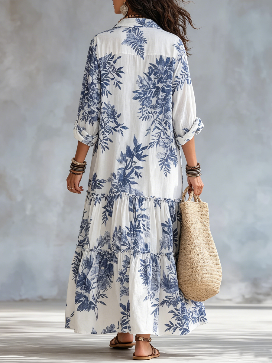 Penelope | Abito Maxi Bohémien Floreale Blu con Bottoni