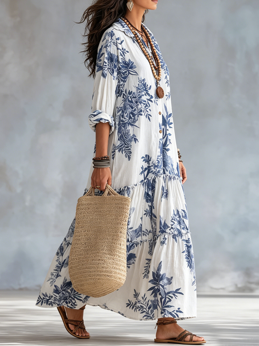 Penelope | Abito Maxi Bohémien Floreale Blu con Bottoni