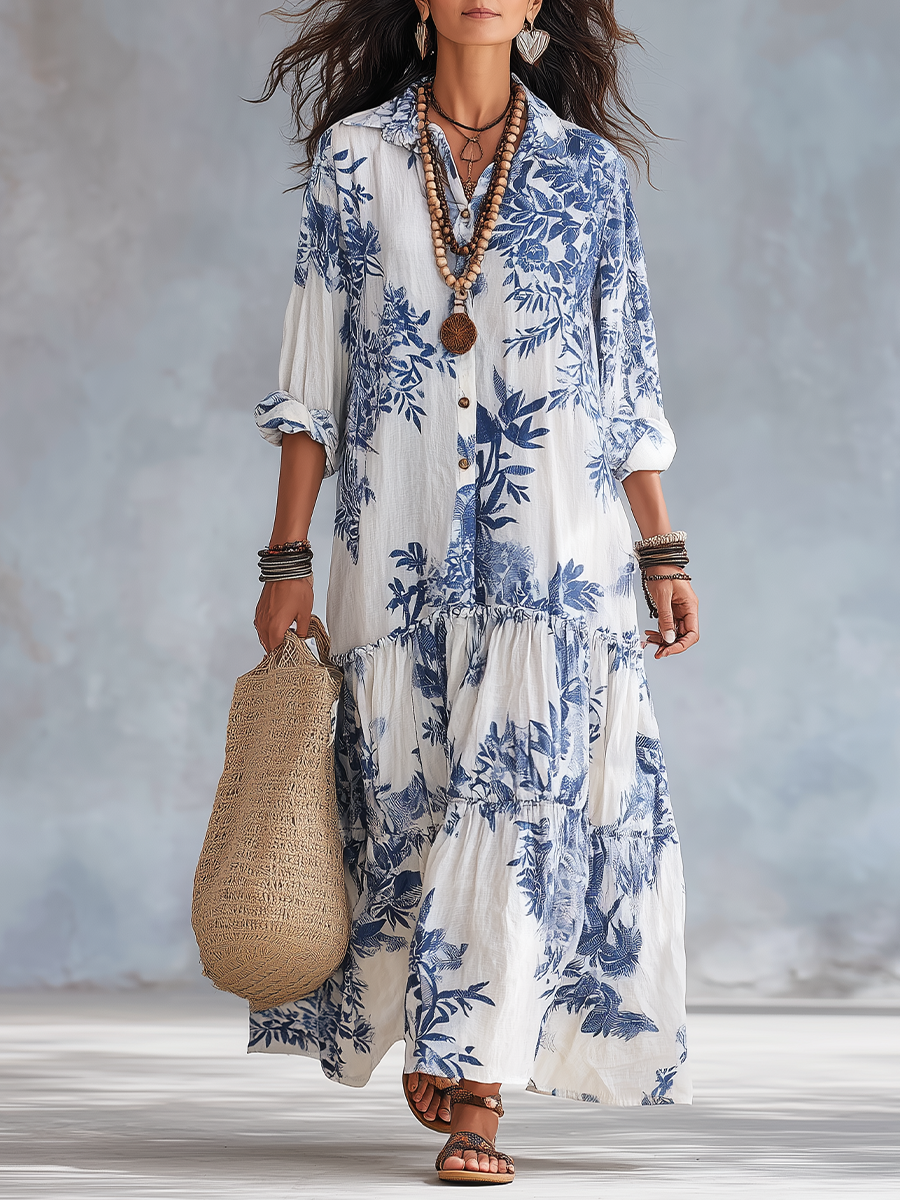 Penelope | Abito Maxi Bohémien Floreale Blu con Bottoni