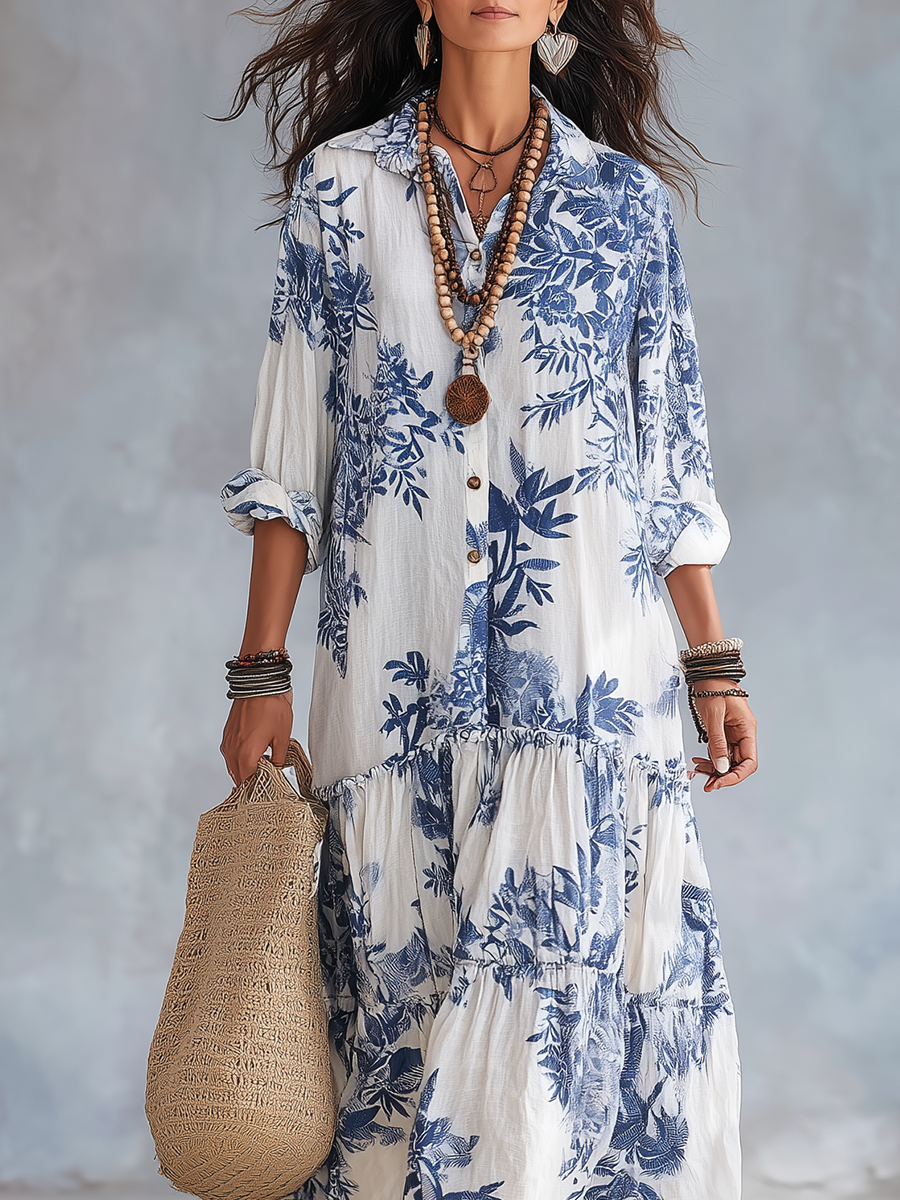 Penelope | Abito Maxi Bohémien Floreale Blu con Bottoni