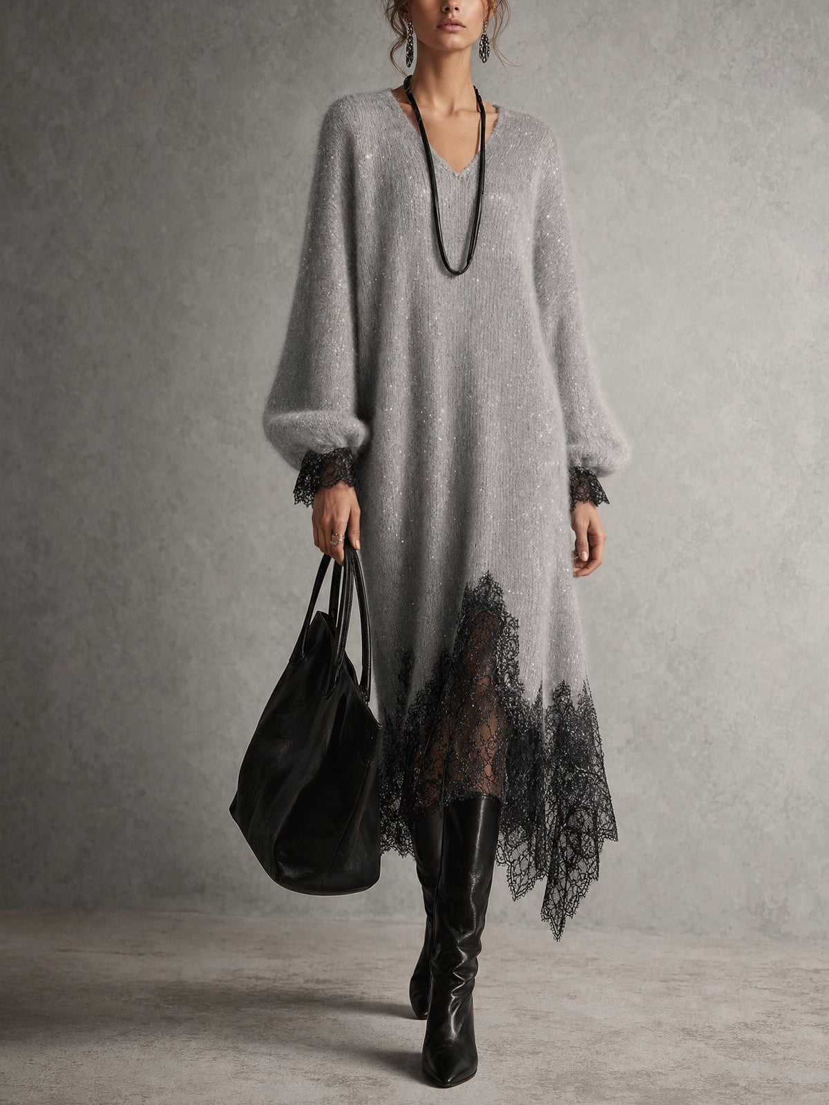 Abito Midi in Maglia Grigio con Orlo in Pizzo