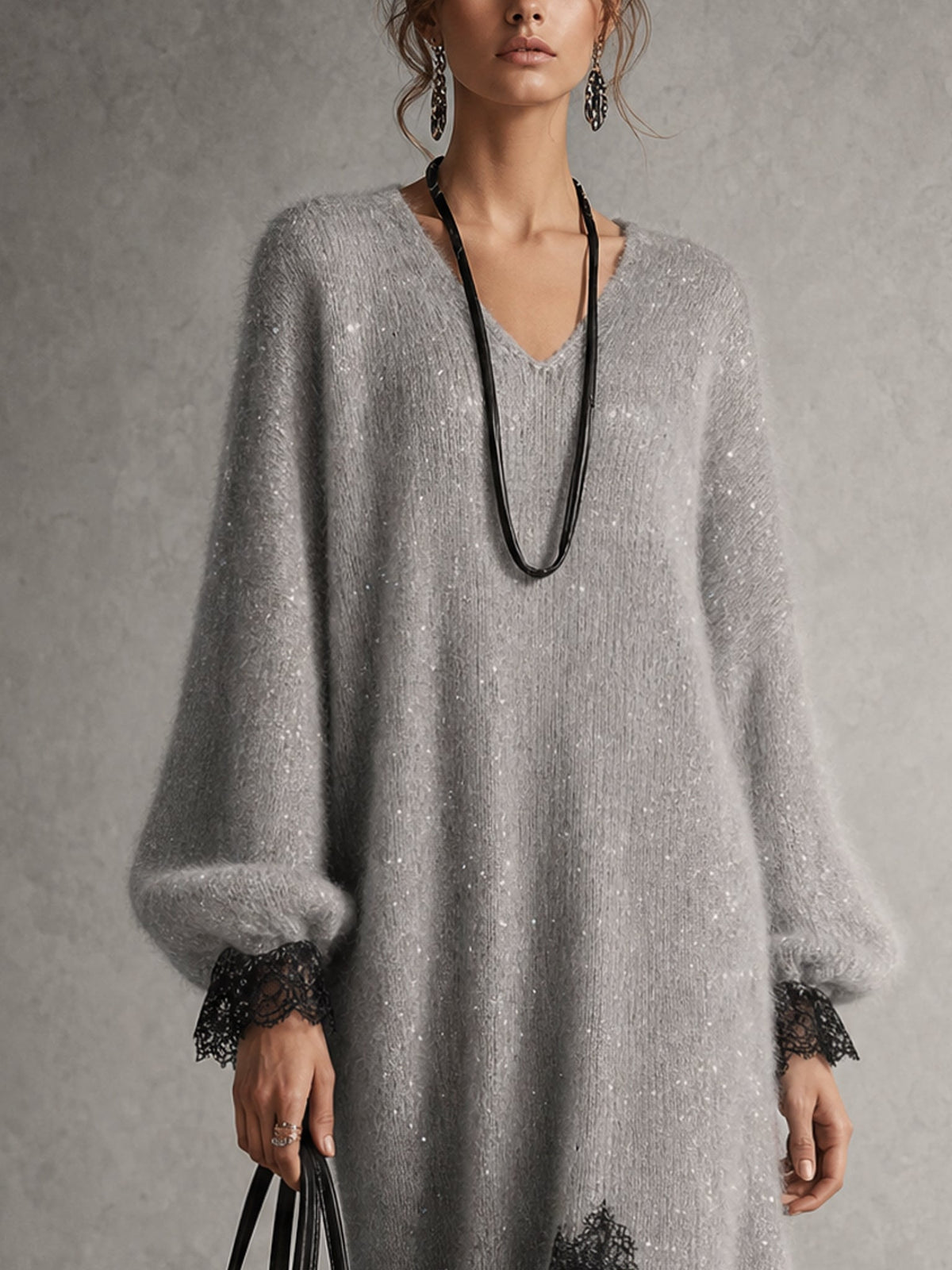 Abito Midi in Maglia Grigio con Orlo in Pizzo