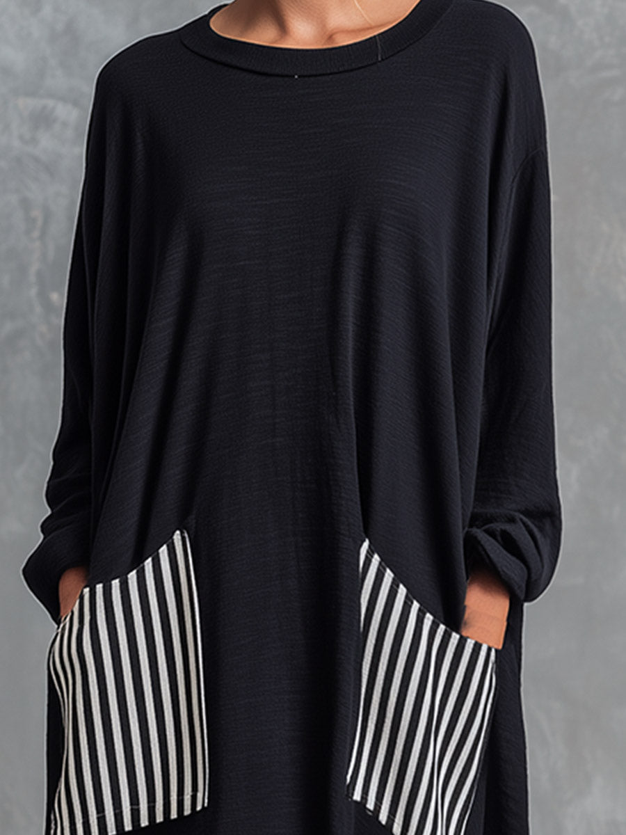 Stefania | Vestito lungo oversize in cotone nero con righe stile patchwork