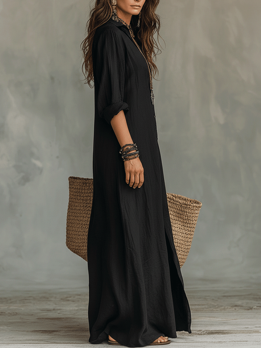 Dafne | Abito Camicia Maxi Bohémien Nero con Bottoni