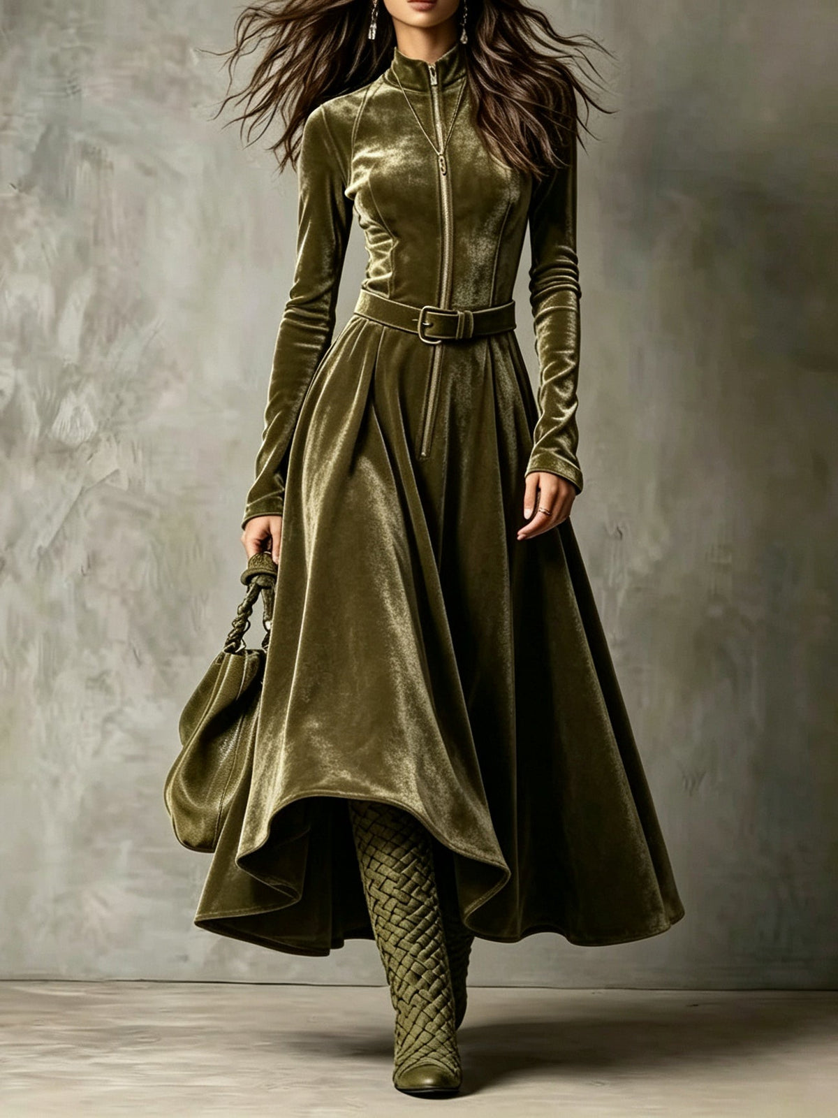 Raffaella | Vestito lungo in velluto verde oliva con zip frontale in stile vintage (cintura inclusa)