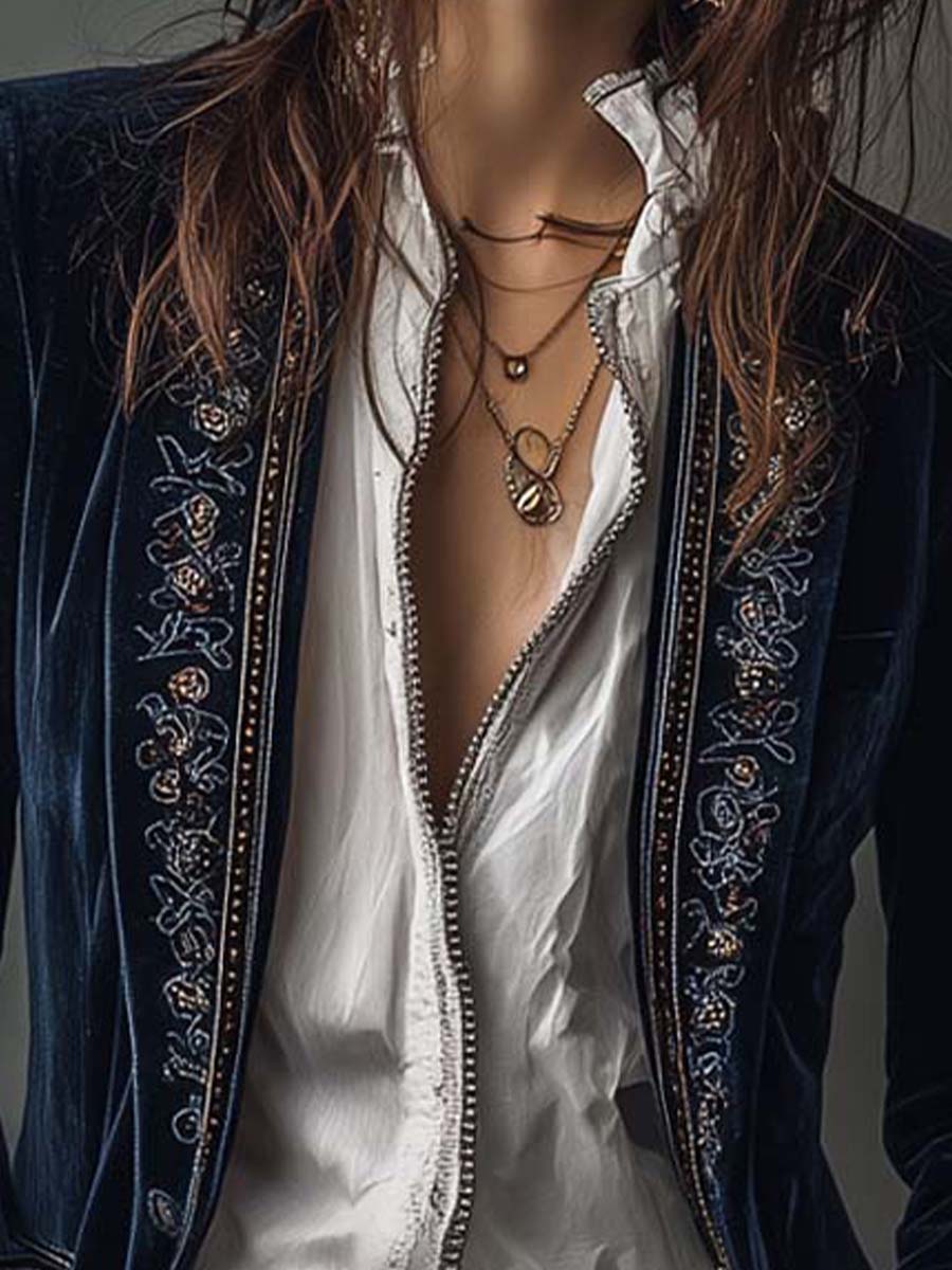 Athénaïs | Giacca Lunga Ricamata Vintage Blu Navy