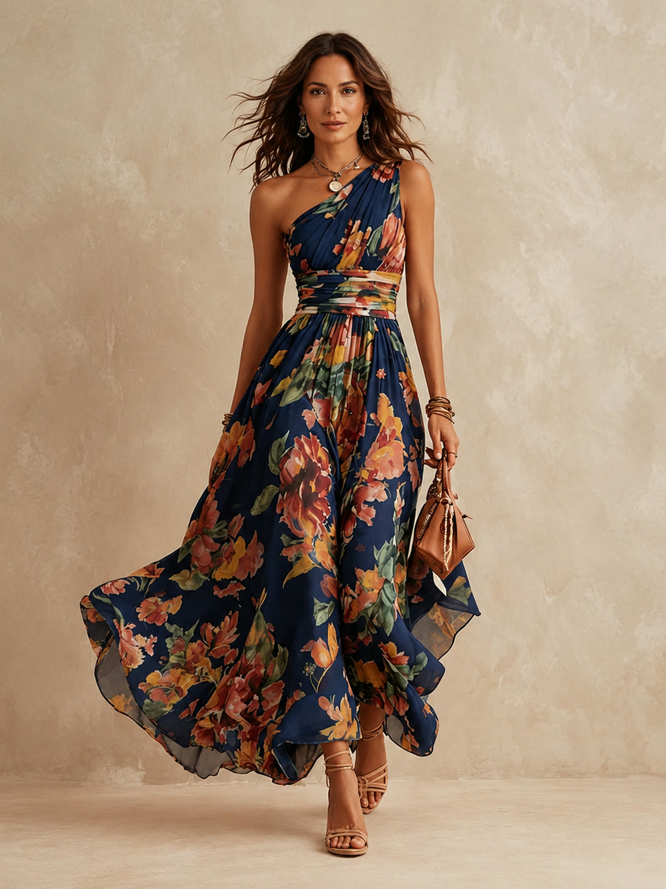 Leda | Abito Lungo Monospalla a Fiori con Fascia in Vita e Gonna Fluida