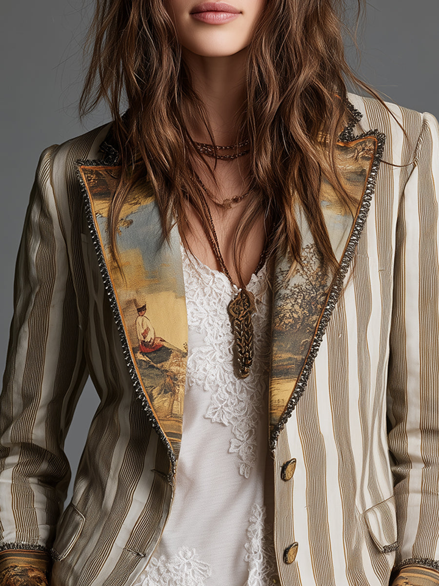 Suzanne | Blazer Boho a Righe con Collo Stampato
