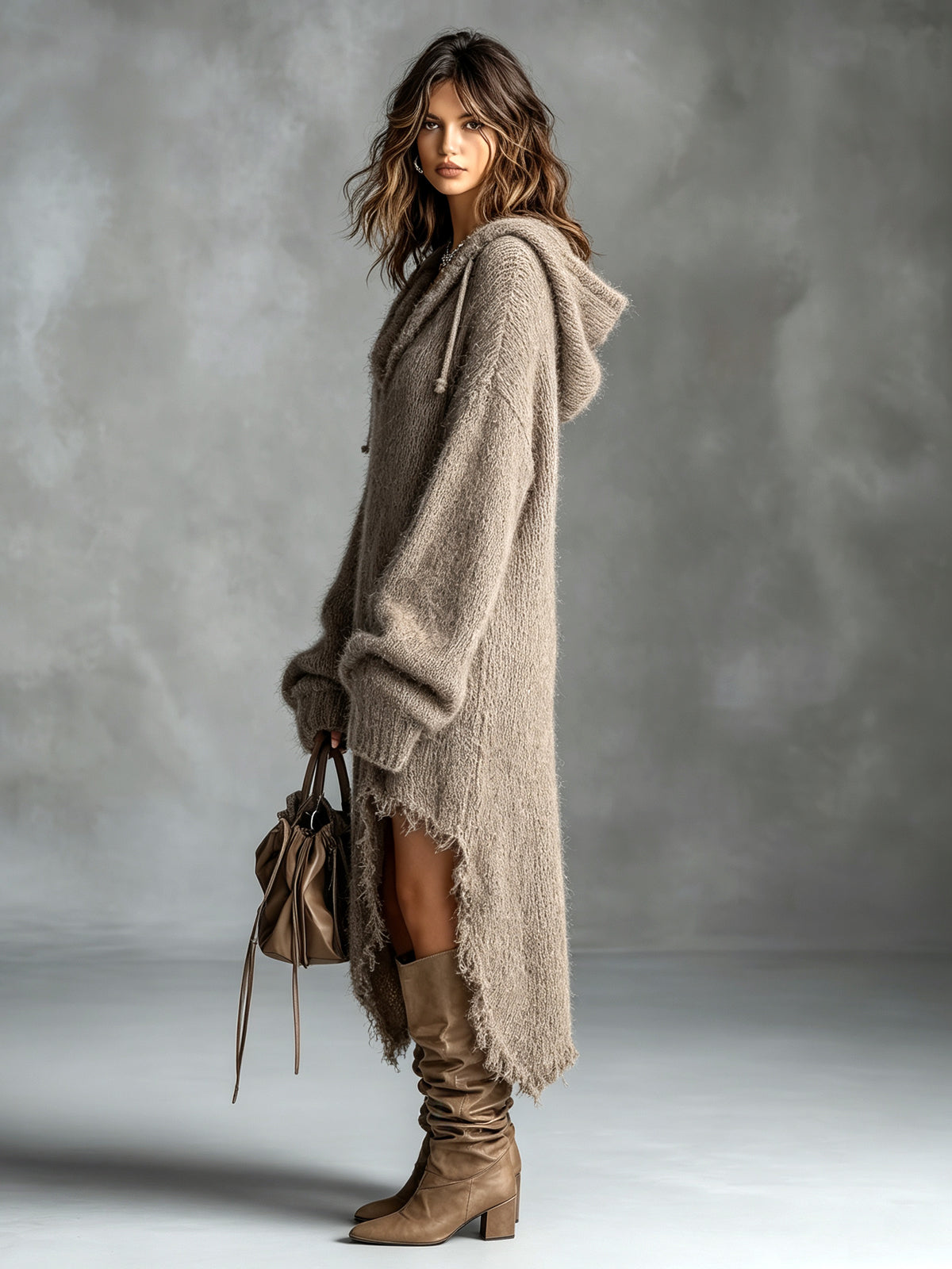Abito Midi in Maglia Felpata con Cappuccio