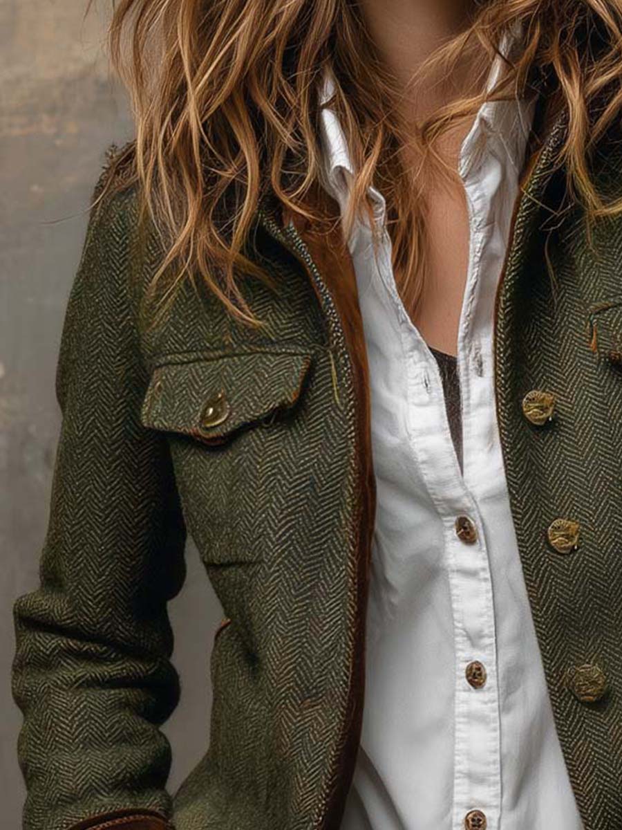 Honorine | Blazer Vintage a Chevron con Bordi a Contrasto