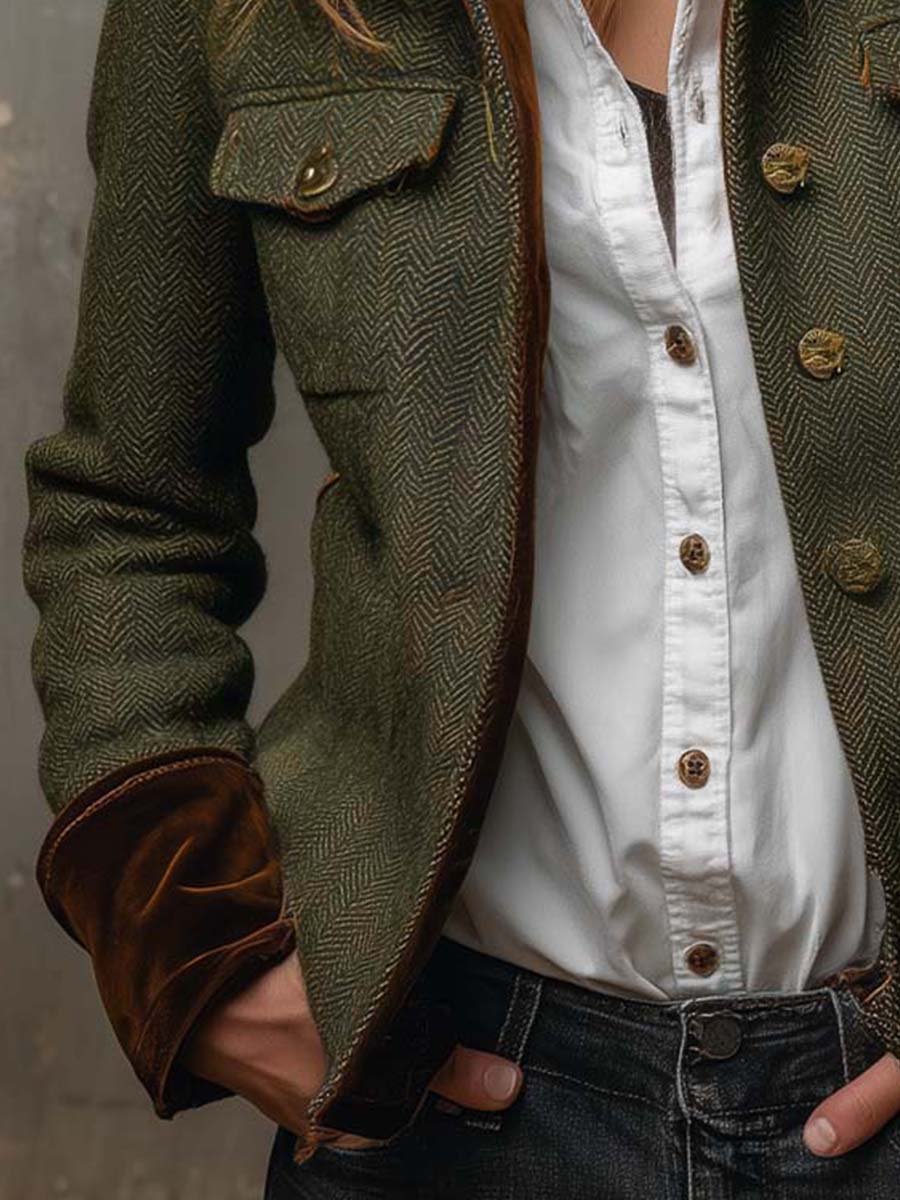 Honorine | Blazer Vintage a Chevron con Bordi a Contrasto