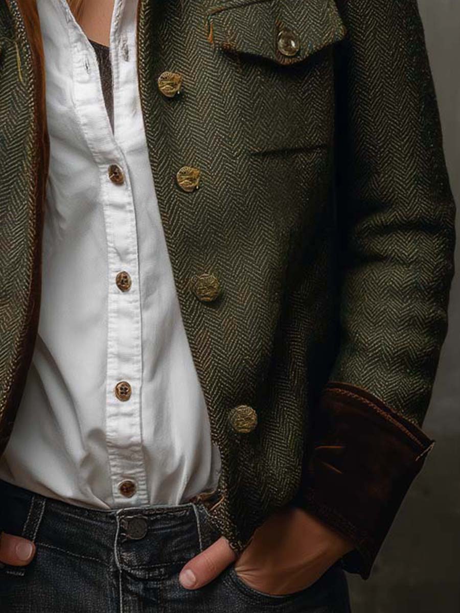 Honorine | Blazer Vintage a Chevron con Bordi a Contrasto
