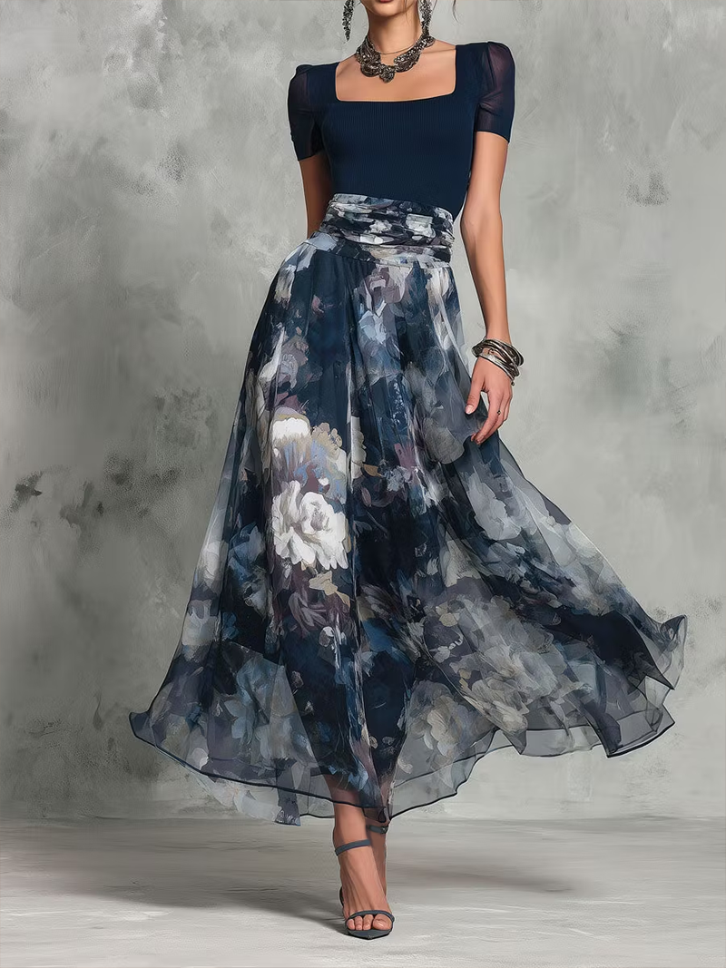Abito Maxi Elegante A Linea con Scollatura Quadrata e Cintura a Fiori Blu