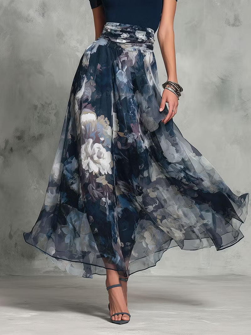Abito Maxi Elegante A Linea con Scollatura Quadrata e Cintura a Fiori Blu