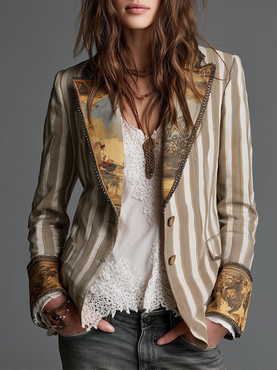 Suzanne | Blazer Boho a Righe con Collo Stampato