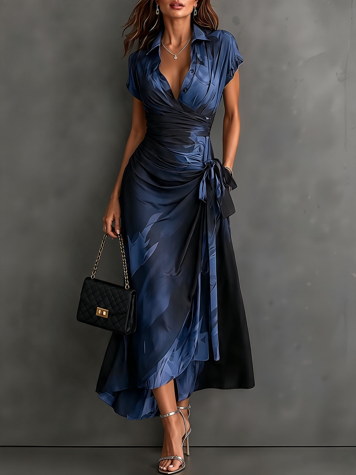 Camilla | Abito Midi a Portafoglio in Stampa Astratta, Blu