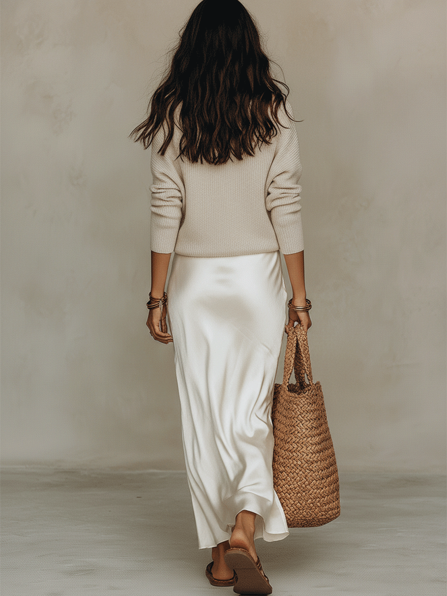 Cassandra | Completo Midi in Maglia e Raso Ecru