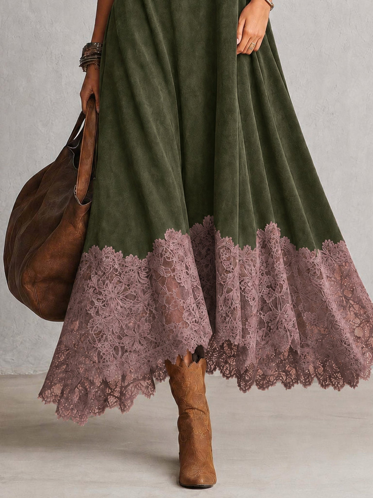 Gianna | Vestito Lungo in Camoscio con Fondo in Pizzo
