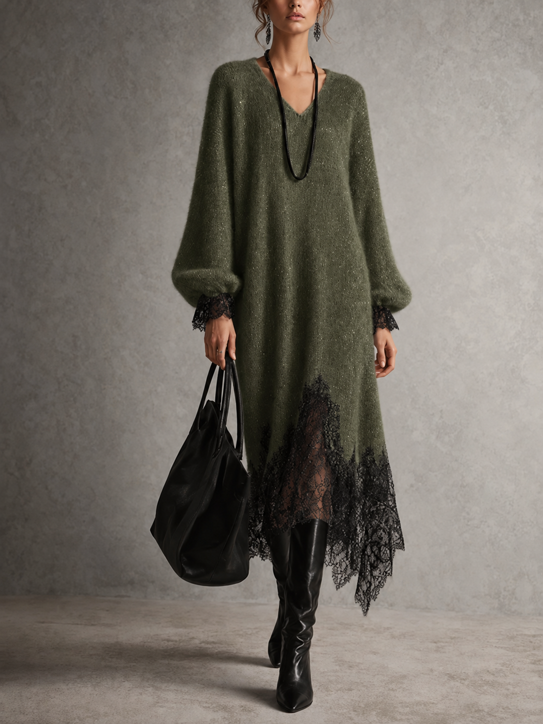 Abito Midi in Maglia Grigio con Orlo in Pizzo