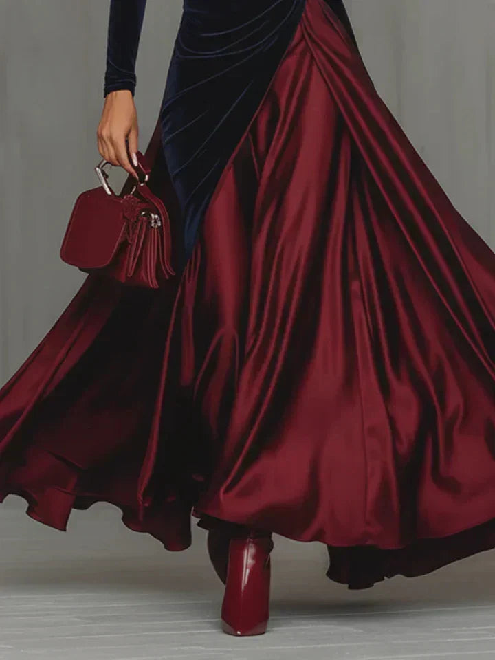 Mariagrazia | Abito lungo elegante bicolore in satin con gonna fluida