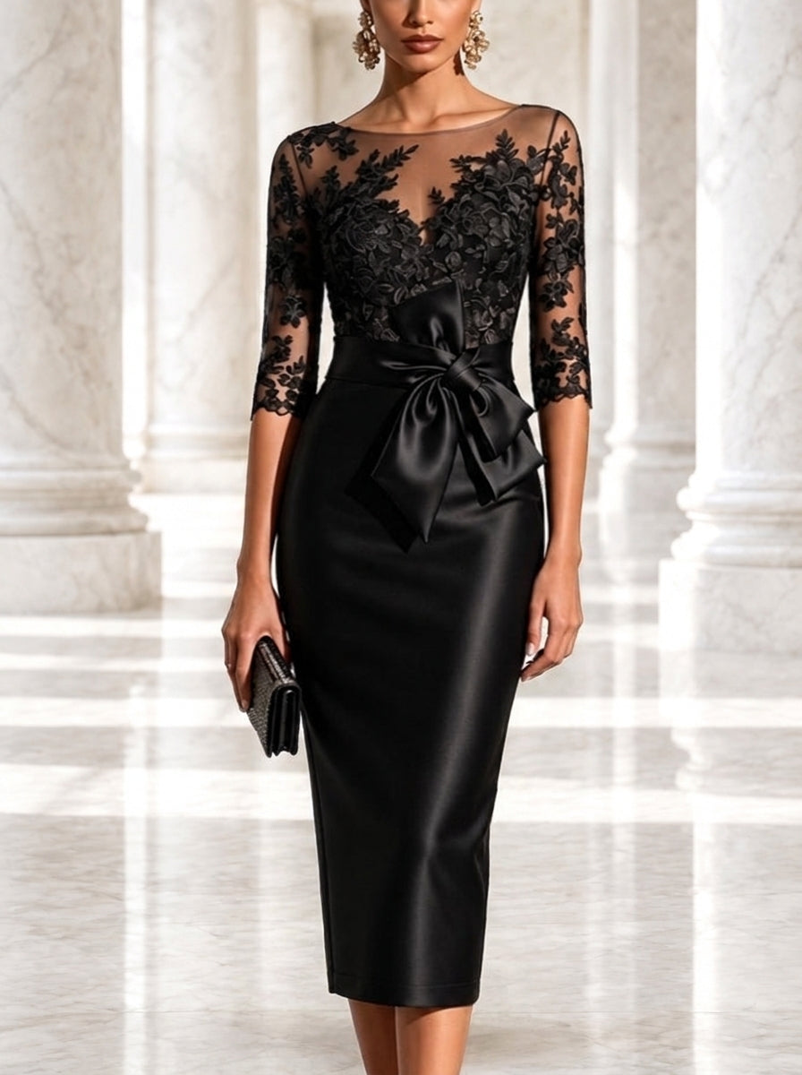 Lea | Abito Midi in Raso con Maniche in Tulle e Pizzo Nero