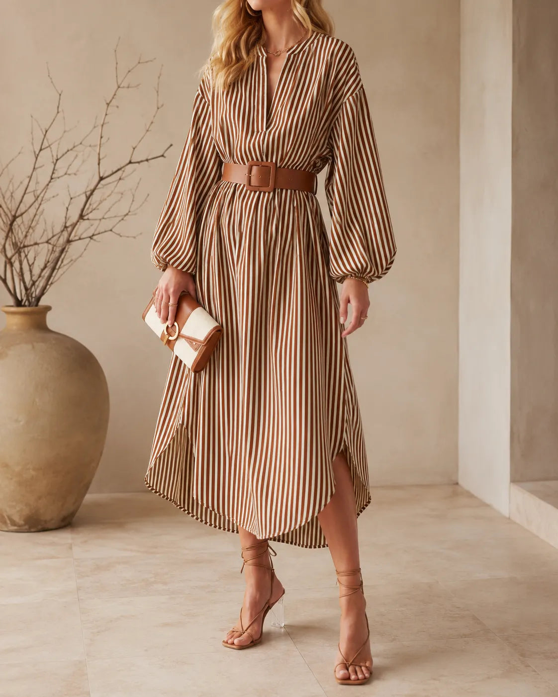 Xanthi | Abito Camicia a Righe Midi con Cintura