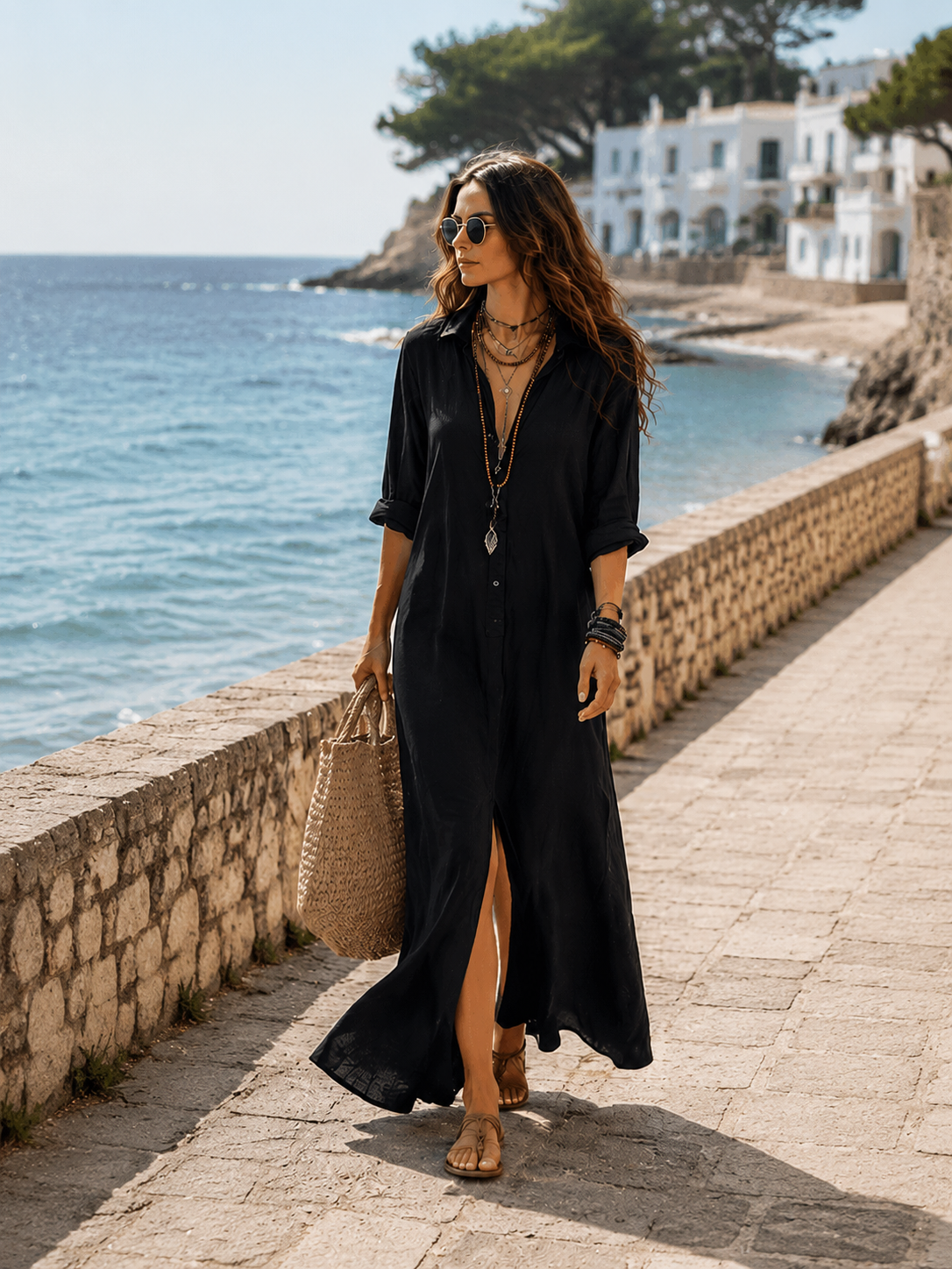 Dafne | Abito Camicia Maxi Bohémien Nero con Bottoni
