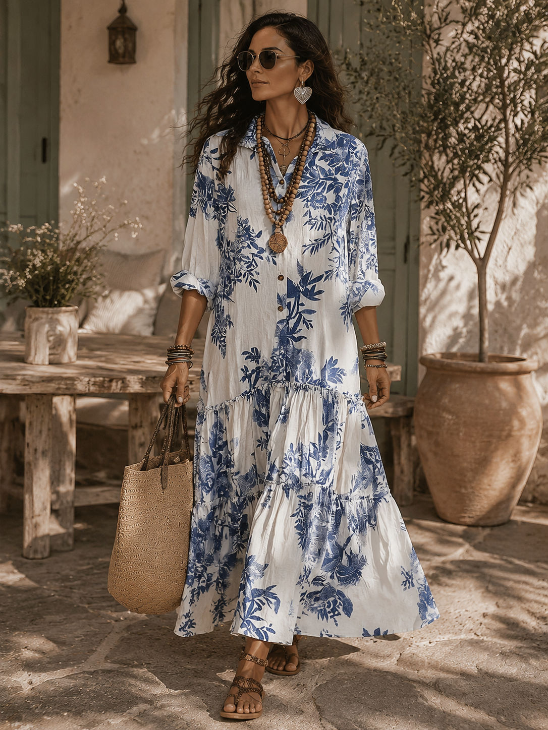 Penelope | Abito Maxi Bohémien Floreale Blu con Bottoni