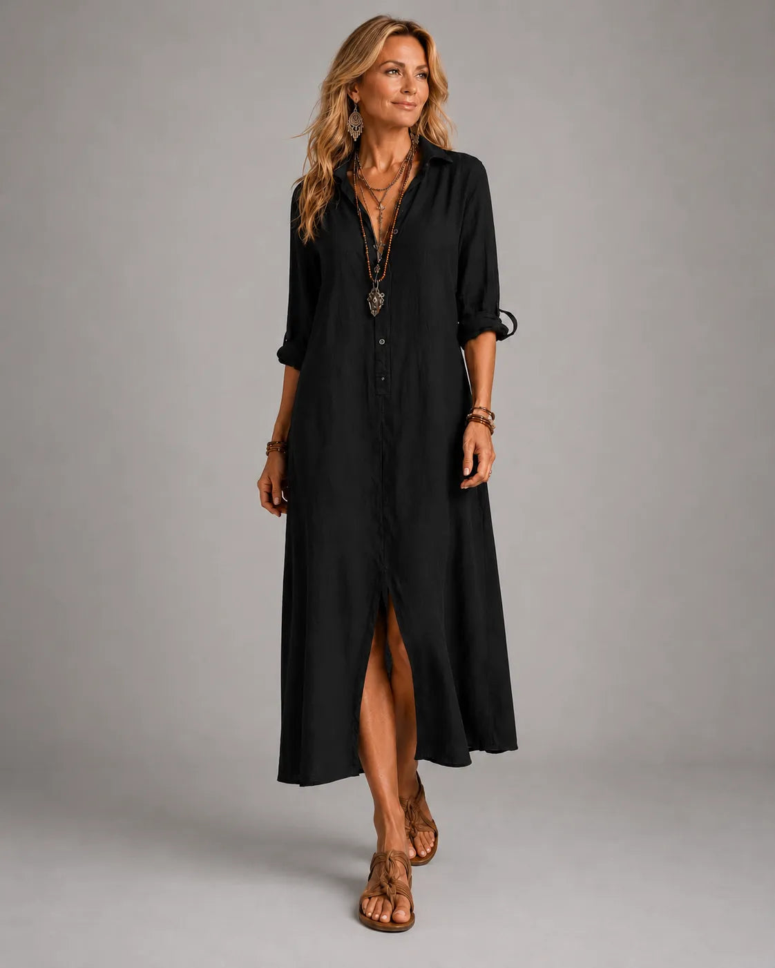 Dafne | Abito Camicia Maxi Bohémien Nero con Bottoni