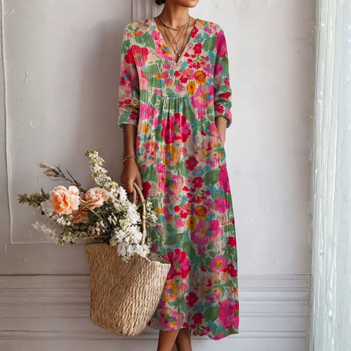 Abito elegante rosa con stampa floreale
