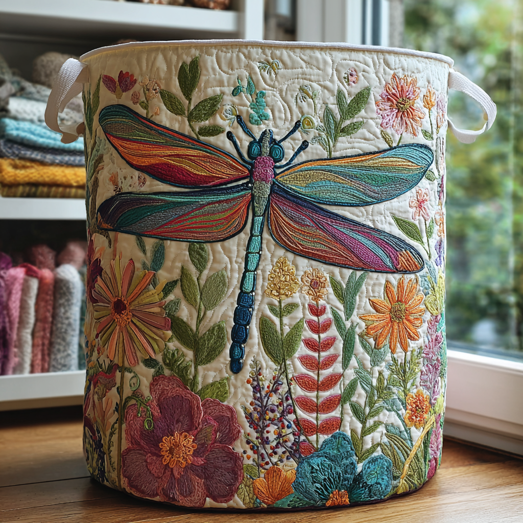 Libellula e Fiori | Cesto Portaoggetti Trapuntato