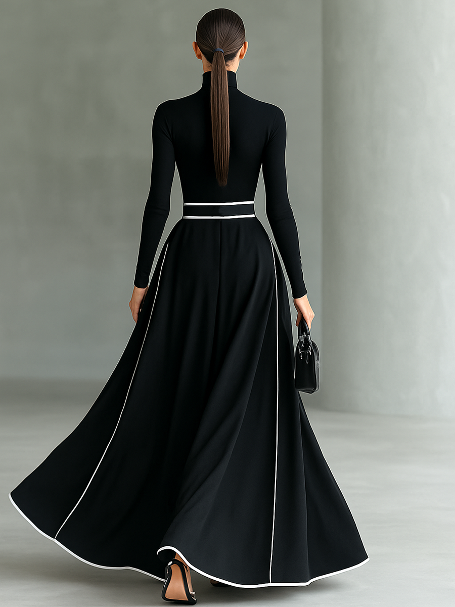 Gina – Abito Maxi Donna Nero con Cuciture Bianche e Collo Alto, Maniche Lunghe, Vita Sottile