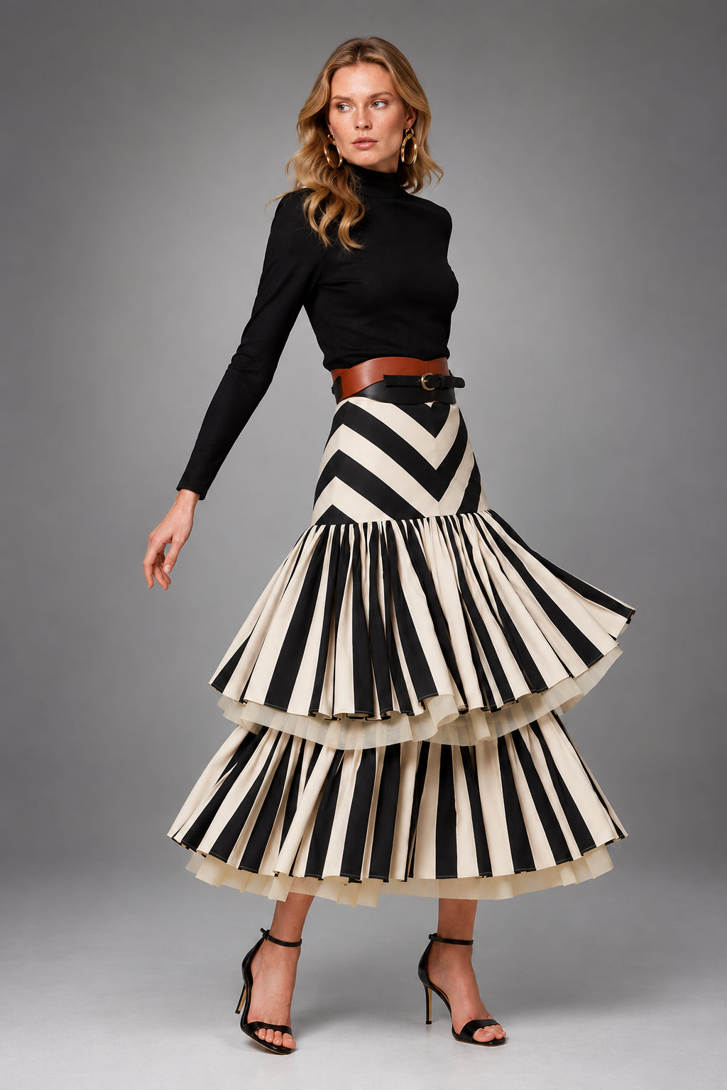 Rosamaria | Gonna Midi a Righe in Contrasto