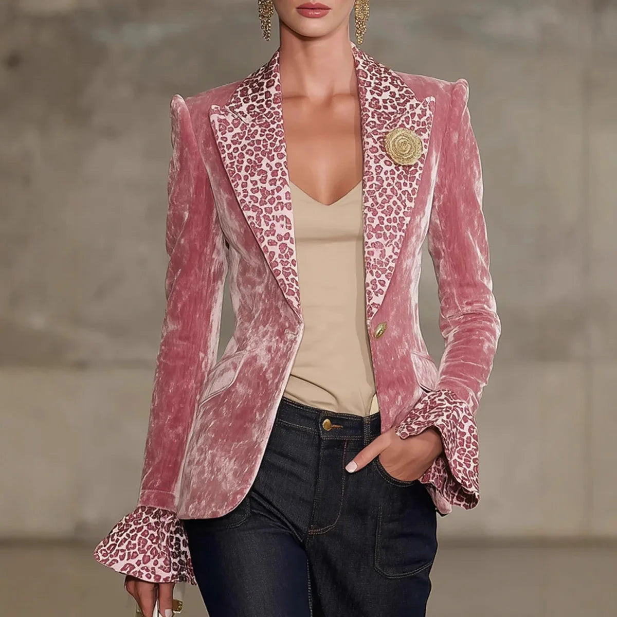Perpetua | Blazer in Velluto Stropicciato con Revers Leopardato