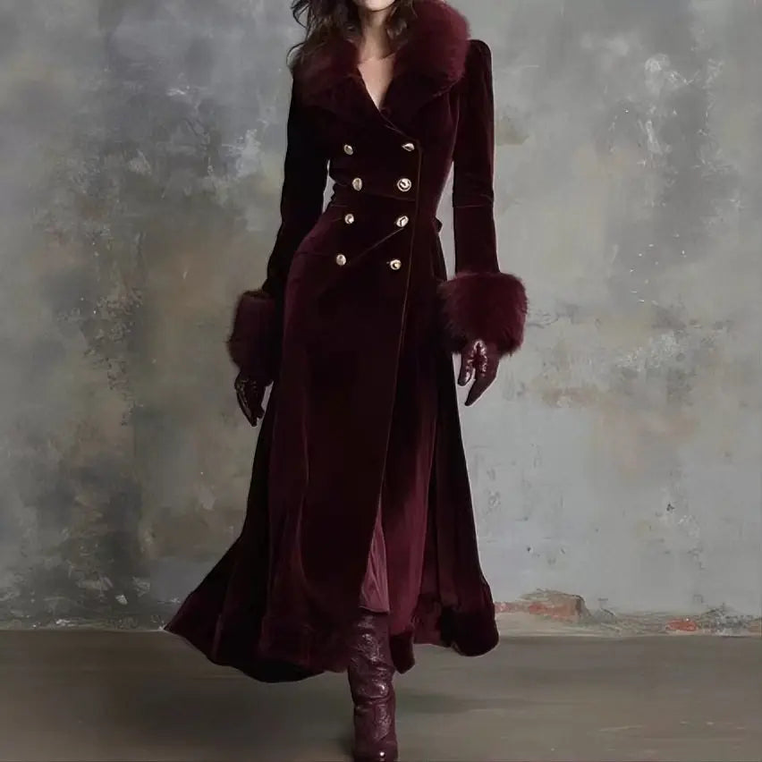Isadora | Cappotto in Velluto con Collo in Pelliccia Ecologica