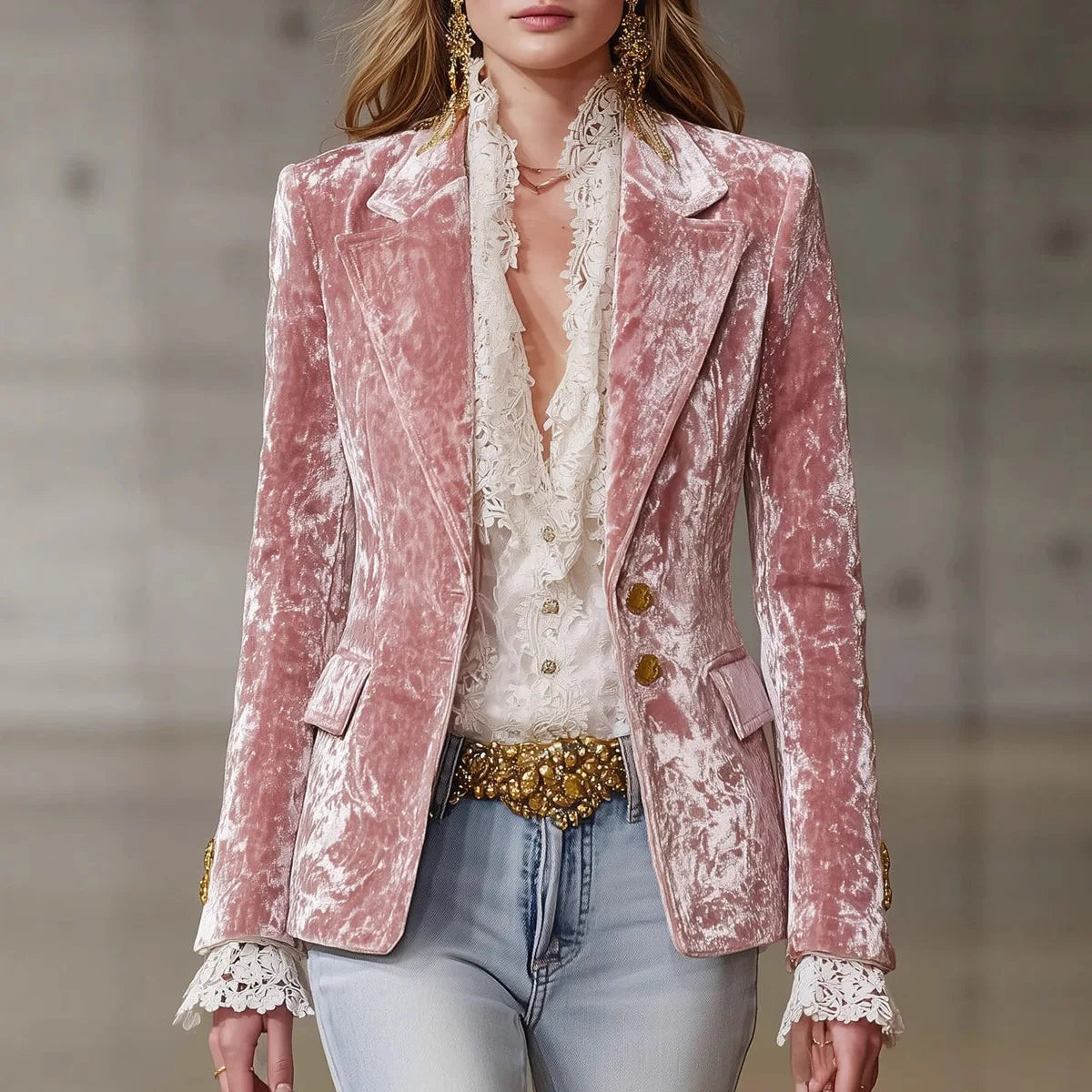 Honoria | Blazer in Velluto con Bordo in Pizzo