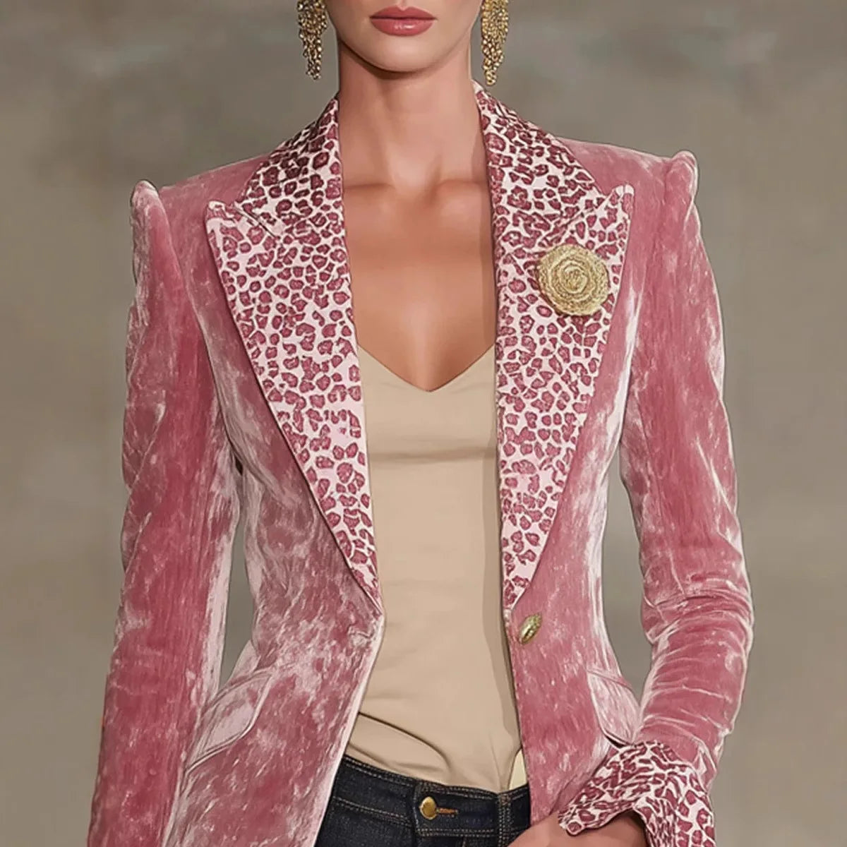 Perpetua | Blazer in Velluto Stropicciato con Revers Leopardato