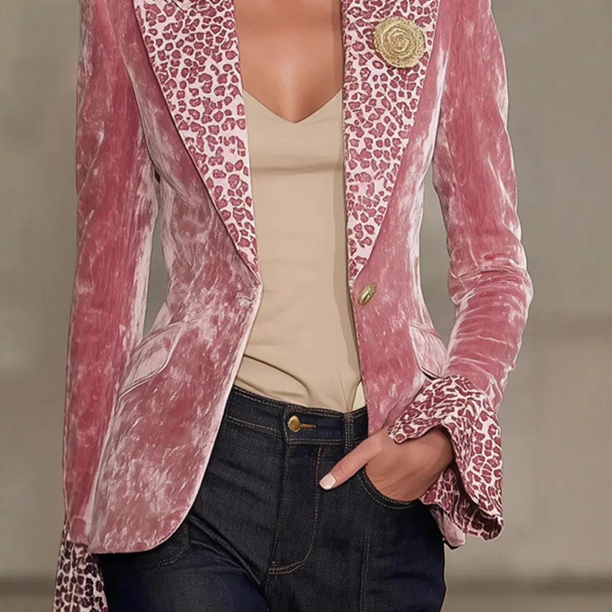 Perpetua | Blazer in Velluto Stropicciato con Revers Leopardato