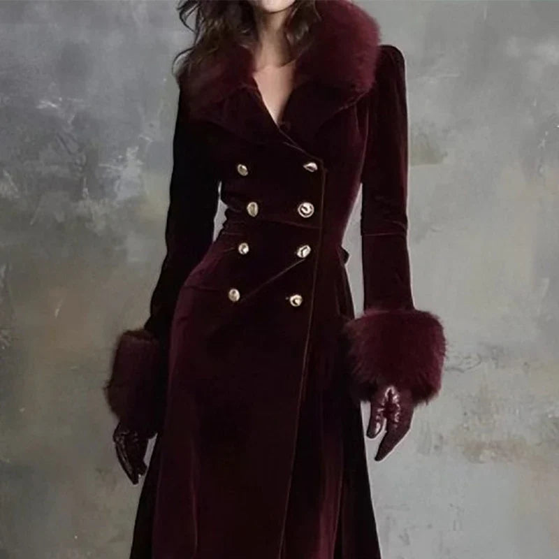 Isadora | Cappotto in Velluto con Collo in Pelliccia Ecologica