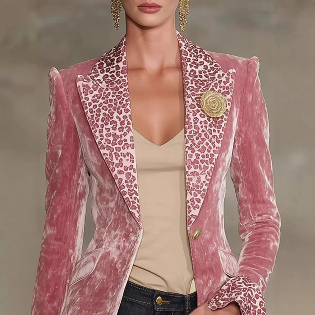 Perpetua | Blazer in Velluto Stropicciato con Revers Leopardato