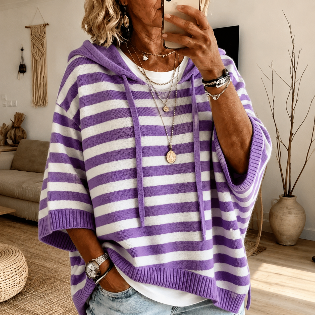 Mathilde | Pullover Poncho Rayé Oversize con Cappuccio