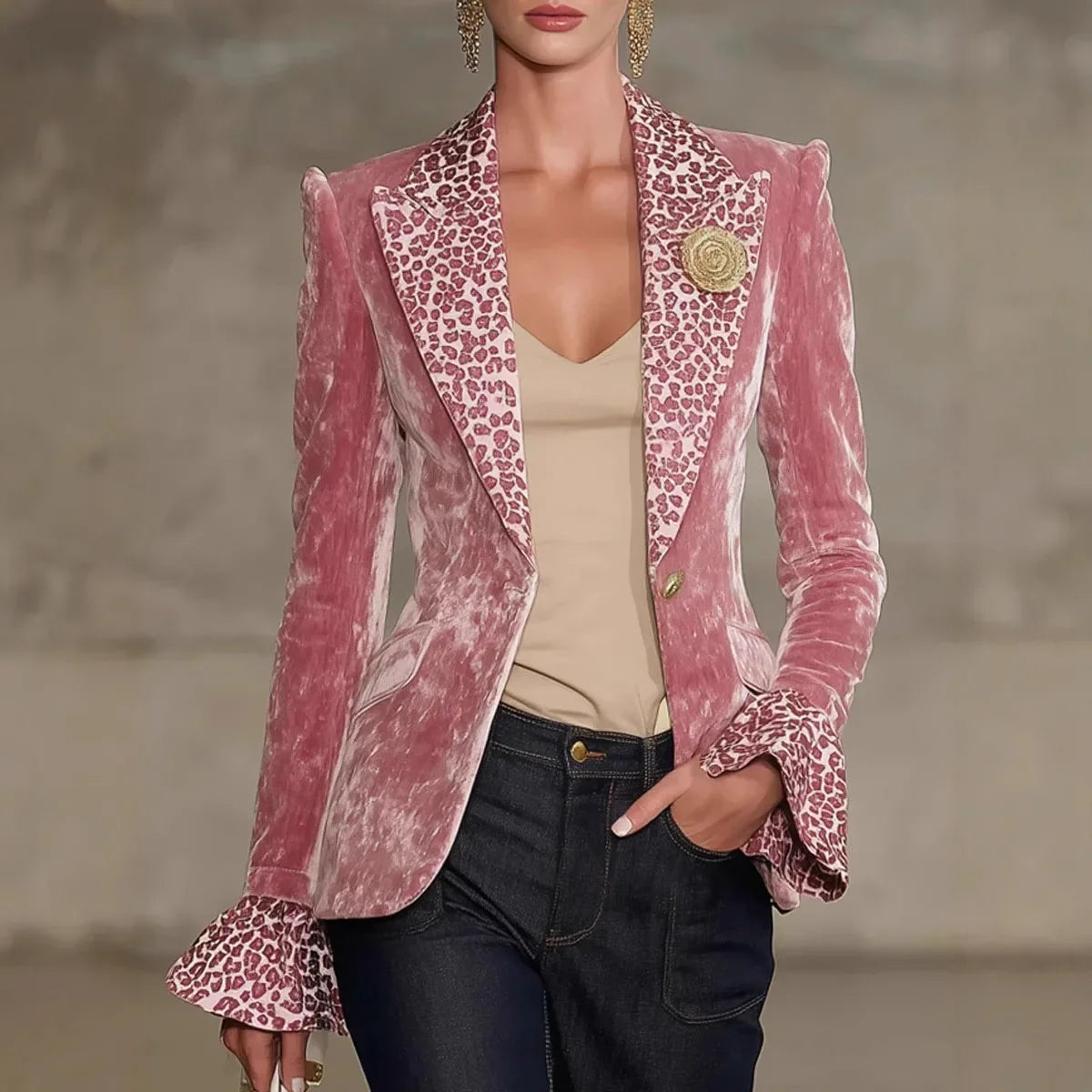 Perpetua | Blazer in Velluto Stropicciato con Revers Leopardato
