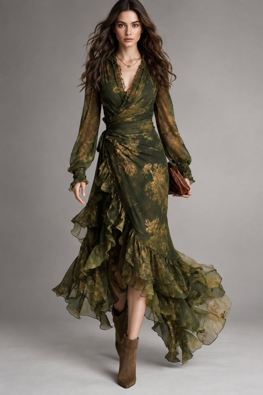 Antonia | Vestito Lungo in Georgette Stampato con Volant