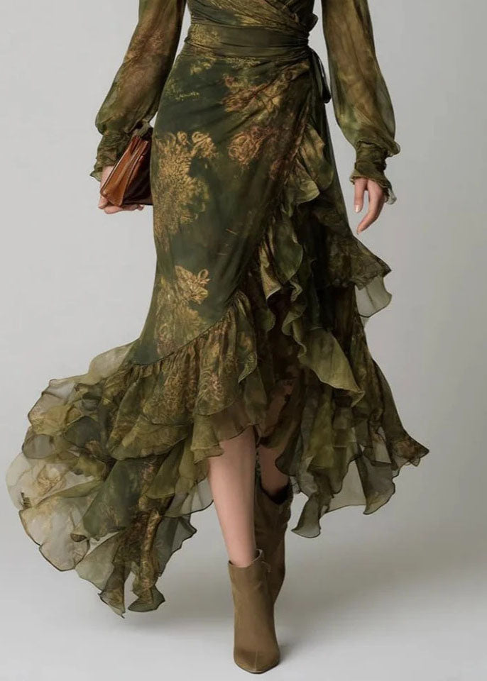 Antonia | Vestito Lungo in Georgette Stampato con Volant