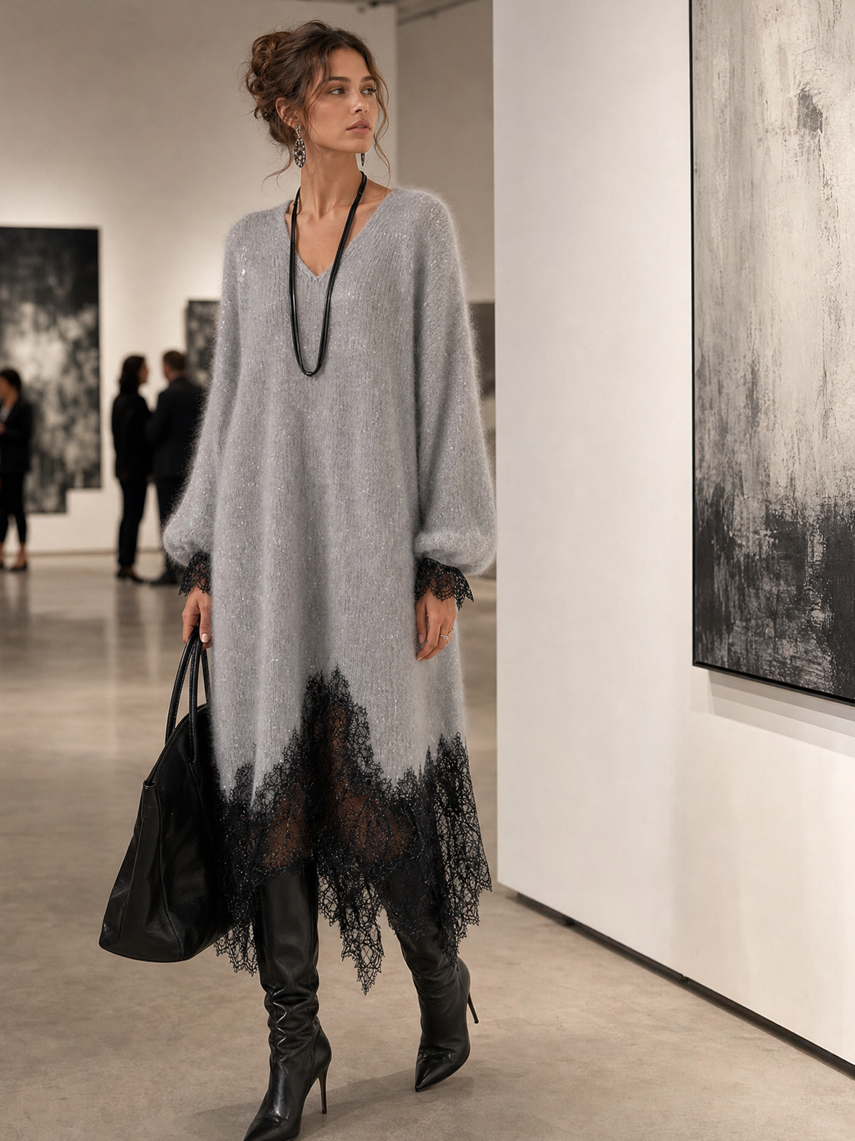 Abito Midi in Maglia Grigio con Orlo in Pizzo